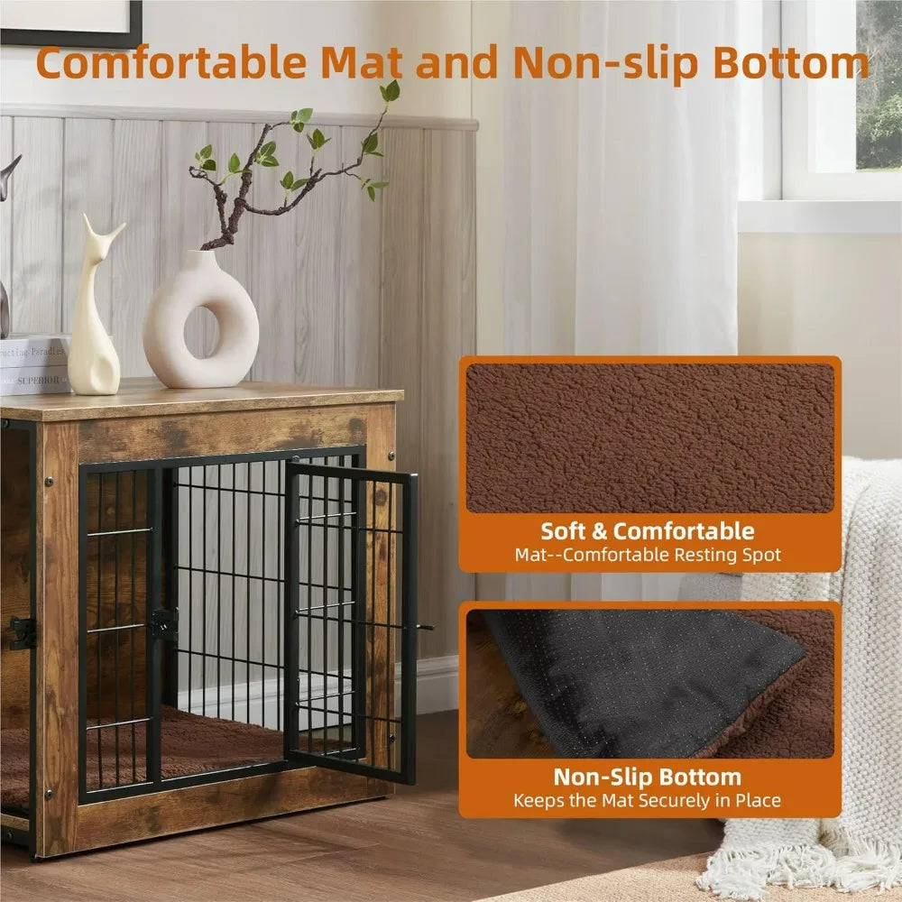 Interior view of a wooden dog crate with an open front door, styled as a side table in a modern living room. Inset close-ups highlight a soft, brown fleece cushion and black non-slip mat, providing a comfortable and secure resting surface for small to medium dogs. Decorative white sculpture and books rest on top, emphasizing its dual-purpose furniture design.