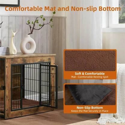 Interior view of a wooden dog crate with an open front door, styled as a side table in a modern living room. Inset close-ups highlight a soft, brown fleece cushion and black non-slip mat, providing a comfortable and secure resting surface for small to medium dogs. Decorative white sculpture and books rest on top, emphasizing its dual-purpose furniture design.