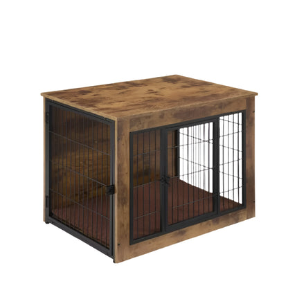 Isolated product shot of rustic wooden dog crate with black steel doors and brown padded interior mat, presented on a pure white background for online catalogs or Google Shopping listings. Highlights clean edges, wood grain finish, and reinforced frame.