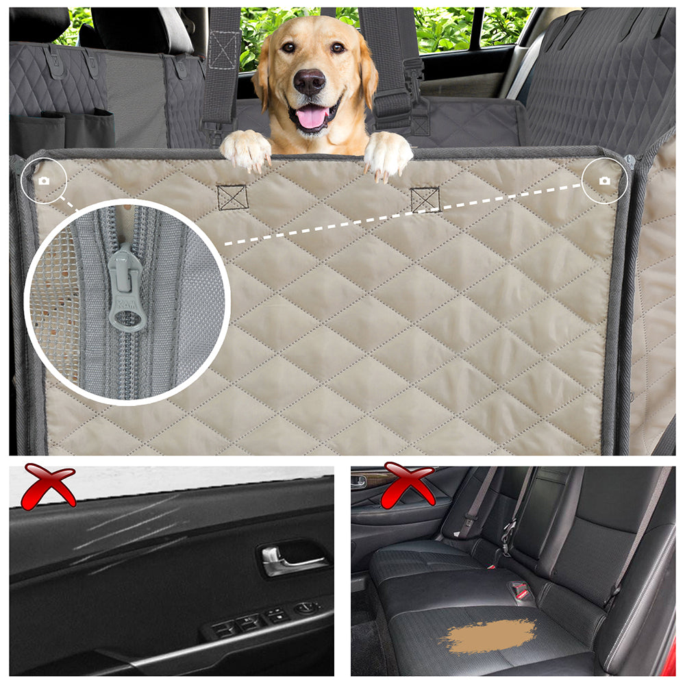 Golden retriever looking over zipped dog car seat cover with mesh window and side protection.