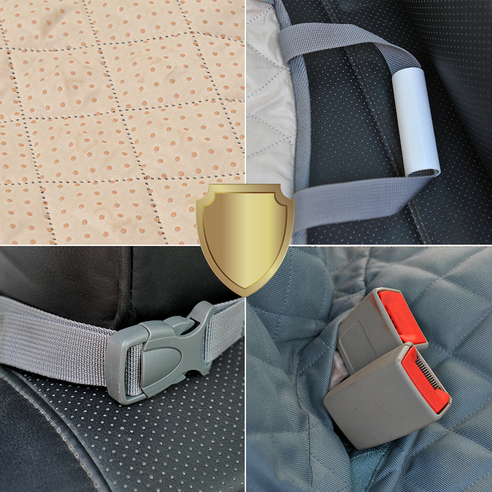 Close-up views of anti-slip backing, buckle strap, and seatbelt opening of dog car seat cover.