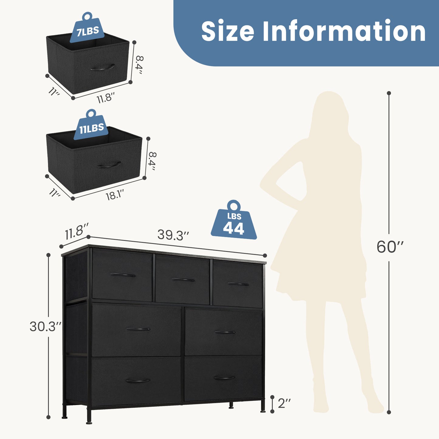 Size chart showing dimensions and weight capacity of black 7-drawer dresser with silhouette for scale