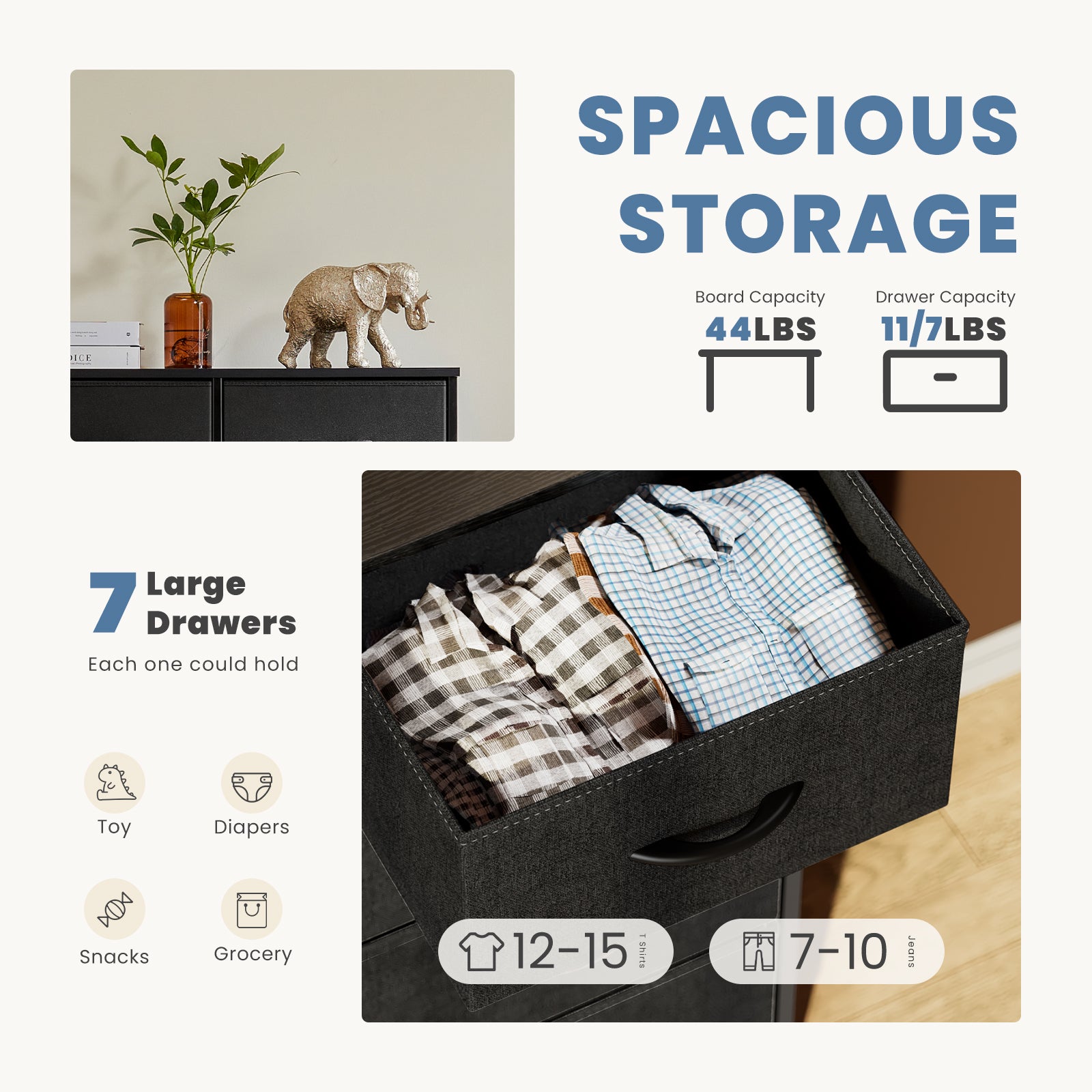 Storage capacity display of fabric drawer holding folded clothes, highlighting space for toys, diapers, and groceries
