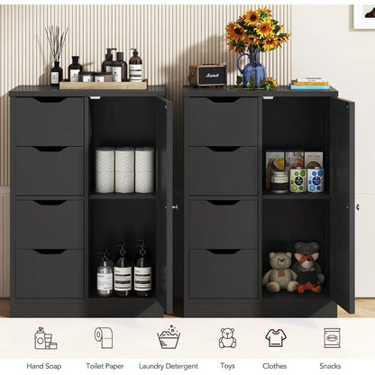 Dual cabinet setup showing black cabinets storing various household items like detergent and toys