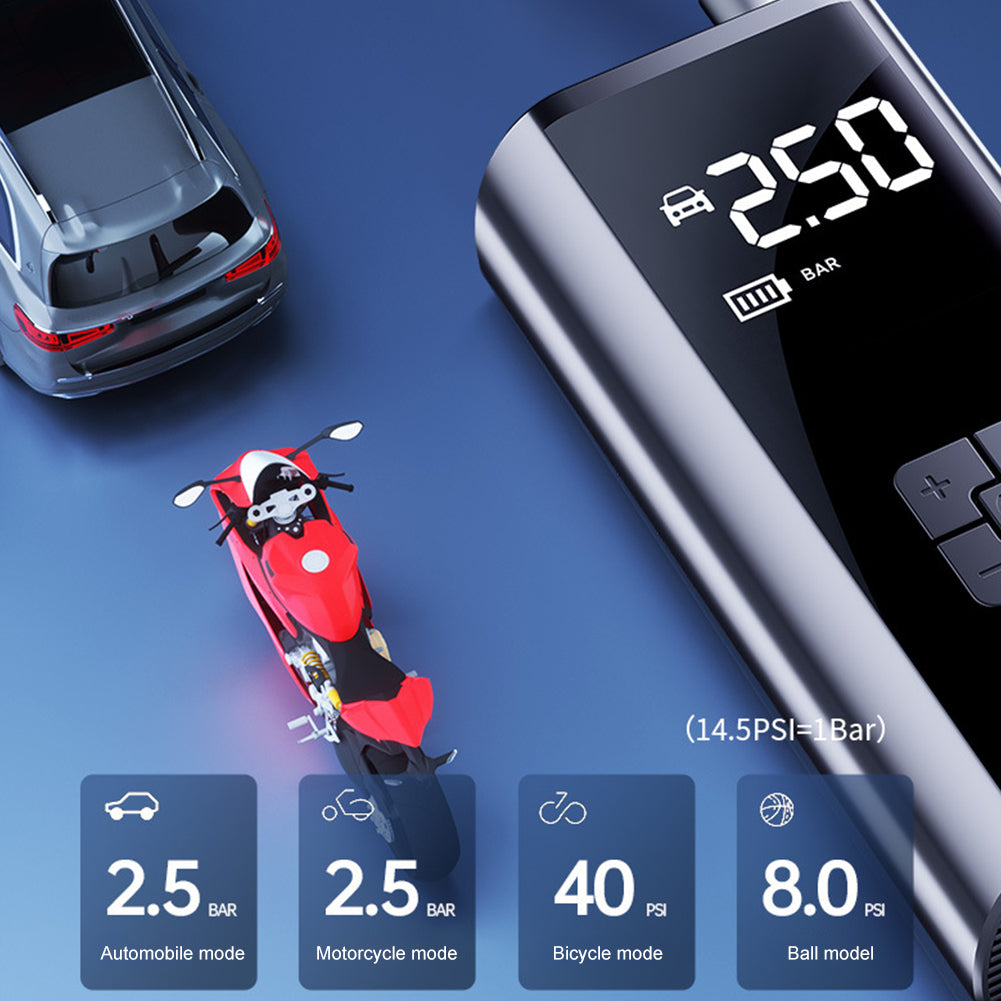 Close-up display showing tire modes for car, motorcycle, bicycle, and ball on portable electric air pump