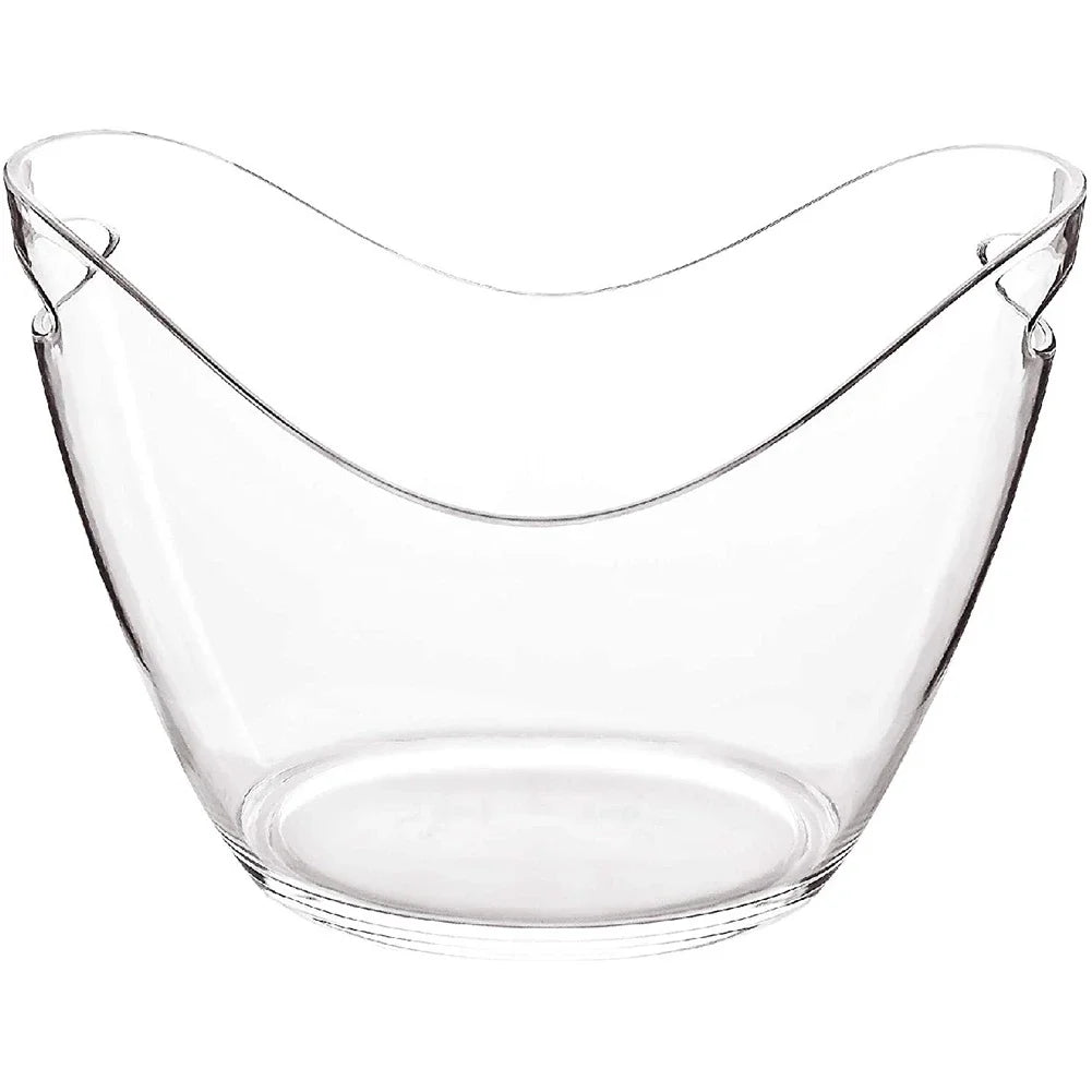 Clean and empty clear plastic ice bucket with a stylish wave design and dual handle cutouts, photographed against a white background for product showcasing.