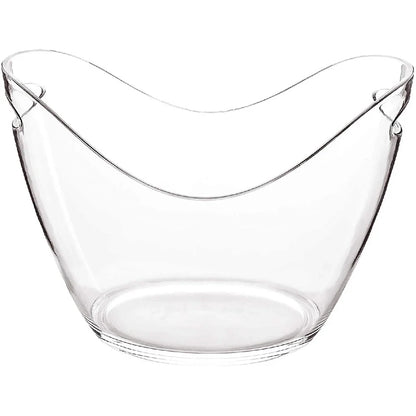 Clean and empty clear plastic ice bucket with a stylish wave design and dual handle cutouts, photographed against a white background for product showcasing.