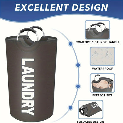 A product display highlighting key features of a dark gray laundry hamper, including waterproof fabric, comfortable handle, perfect size, and foldable design. Circular icons and arrows visually connect these benefits to the product.