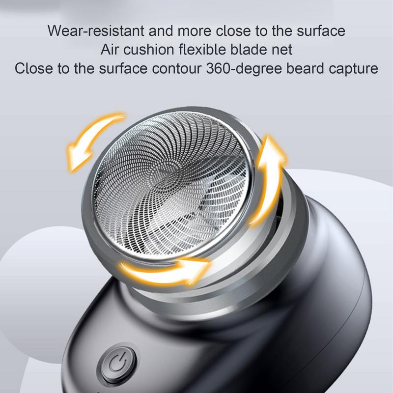 Mini shaver with 360-degree flexible blade net that contours to the face for close trimming.