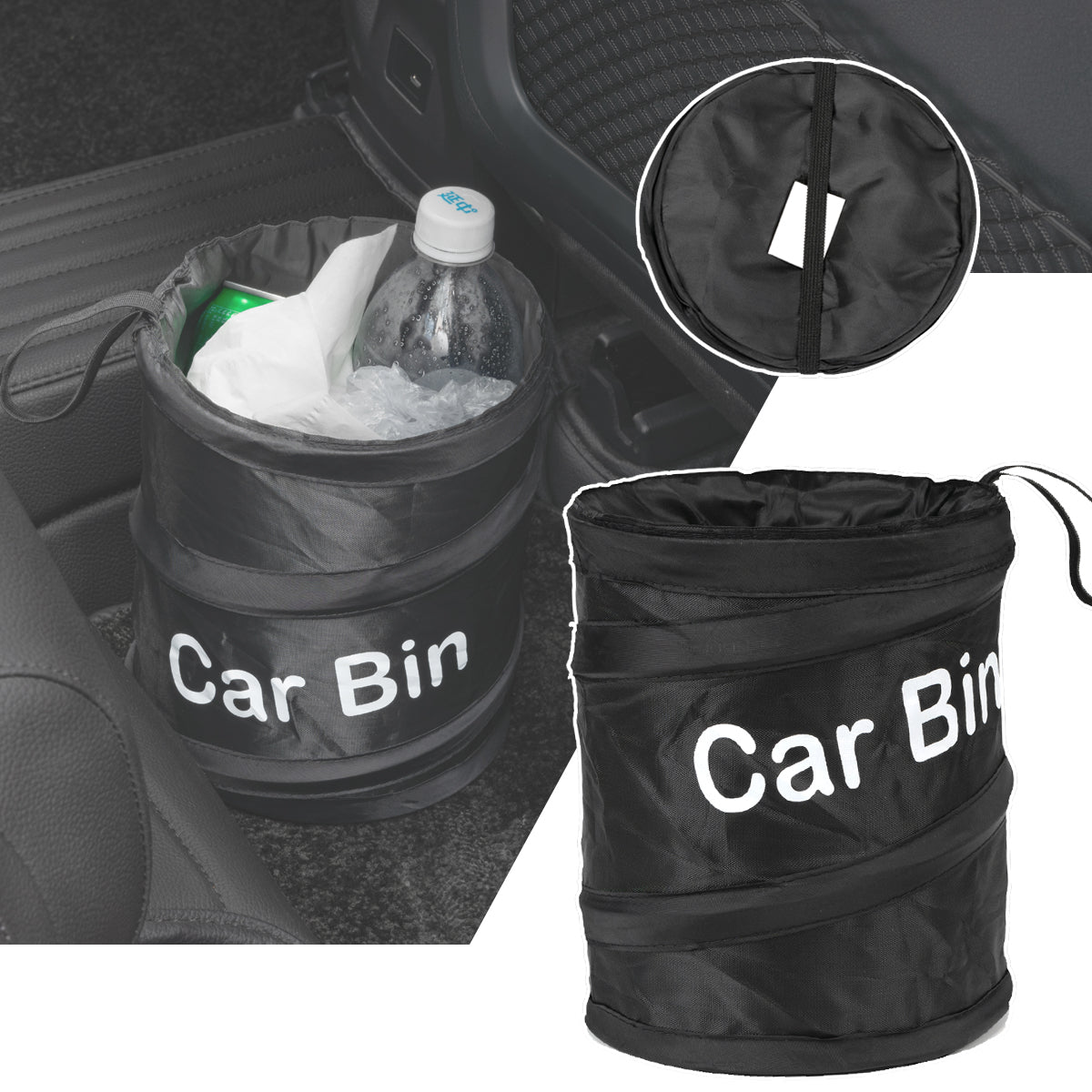Collage image showing a black collapsible car trash can in use on a car floor, a top-down view of the circular opening, and a standalone side view of the bin.