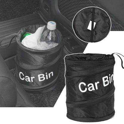 Collage image showing a black collapsible car trash can in use on a car floor, a top-down view of the circular opening, and a standalone side view of the bin.