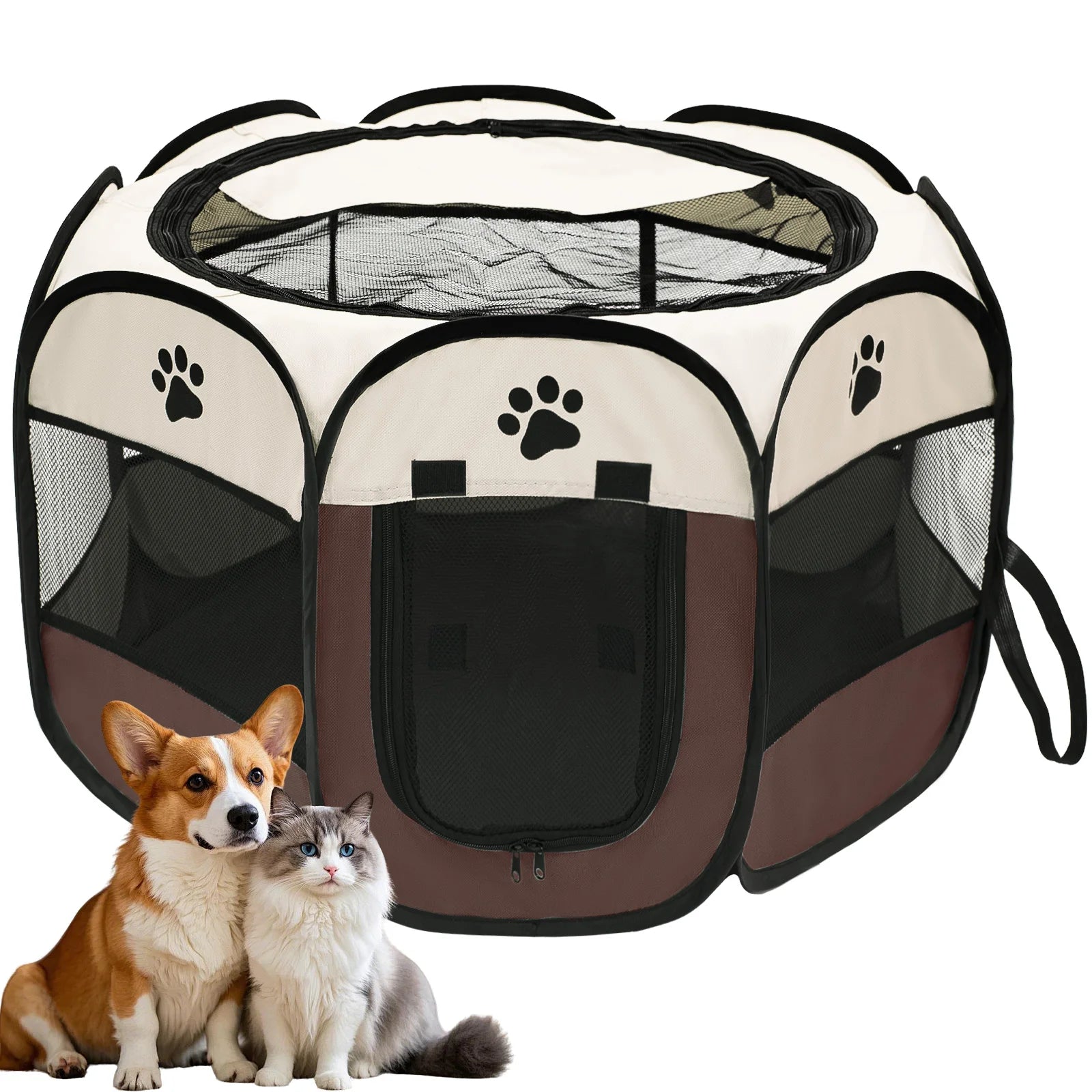 Foldable pet playpen for dogs and cats in beige and brown with mesh sides and zippered door
