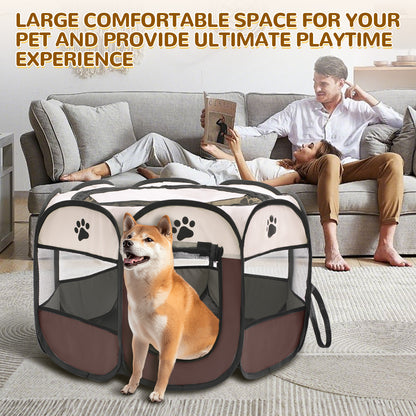 Foldable pet playpen set up in a living room with a dog inside and couple relaxing on a couch
