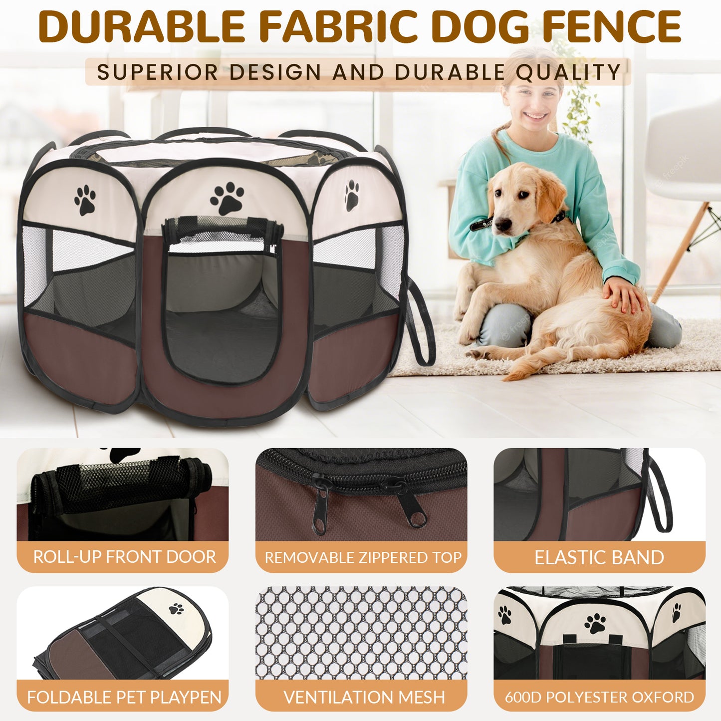 Foldable dog playpen with labeled features like ventilation mesh, removable top, and elastic band 