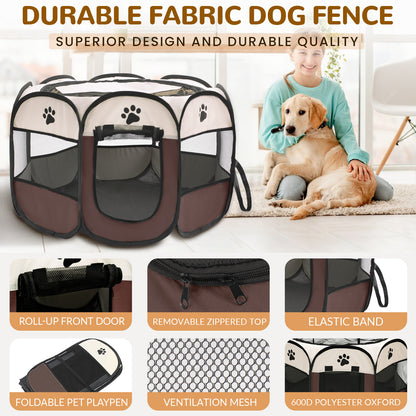 Foldable dog playpen with labeled features like ventilation mesh, removable top, and elastic band 
