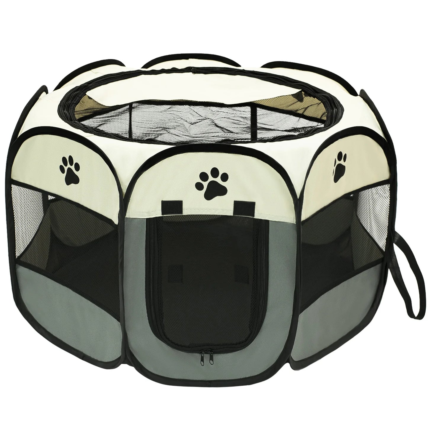 Foldable pet playpen in grey and beige with mesh panels and front zippered entry