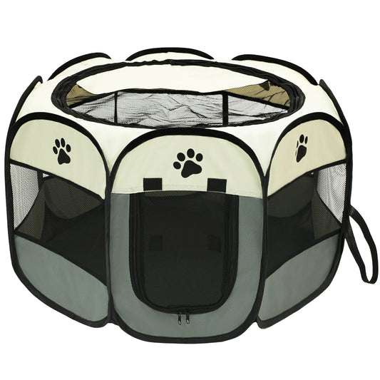 Foldable pet playpen in grey and beige with mesh panels and front zippered entry