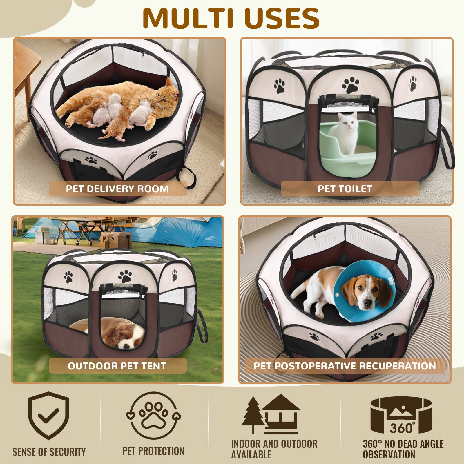 Multi-use foldable pet playpen showing cat delivery, pet toilet, and recovery room examples - image 4