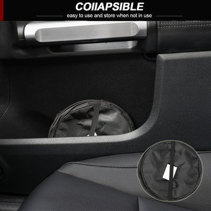 Collapsible car trash can stored compactly in the door side pocket; inset image shows a close-up of the round folded bin with elastic strap.