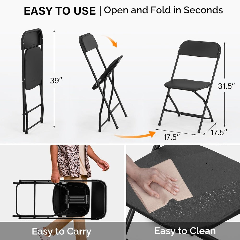 Person carrying folded black plastic chair and cleaning chair seat with a cloth and dimensions of the folding black chair folded and unfolded