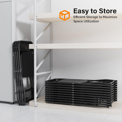 Black folding chairs stored vertically and horizontally on a shelf