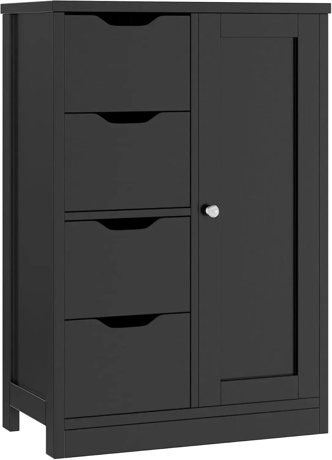 Freestanding black cabinet with drawers and a single-door cabinet section – isolated on white background
