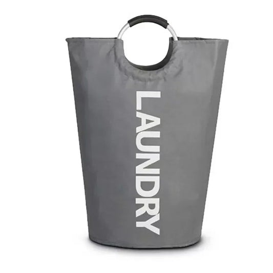 A gray laundry hamper with silver ring handles and the word "LAUNDRY" printed vertically in white on the front, displayed on a white background. The sturdy cylindrical shape and compact size are clearly shown.