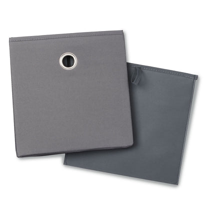 Collapsed gray storage bin showing foldable design and carrying handle