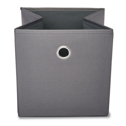 Front view of a single gray fabric storage cube with metal grommet handle