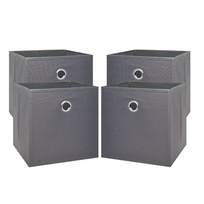Group of four gray collapsible fabric storage cubes with metal grommets