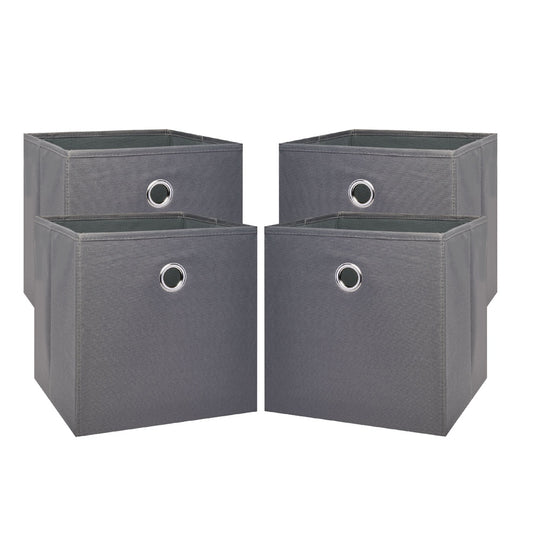 Group of four gray collapsible fabric storage cubes with metal grommets