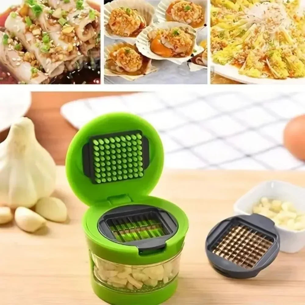Open green garlic press with dual blade attachments next to diced garlic and food prep examples