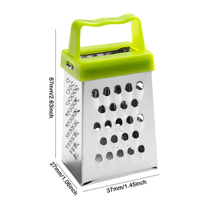 Stainless steel box grater with green handle displayed with precise size dimensions labeled in inches and millimeters