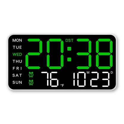 Green LED digital wall clock with temperature and weekday display on black background.