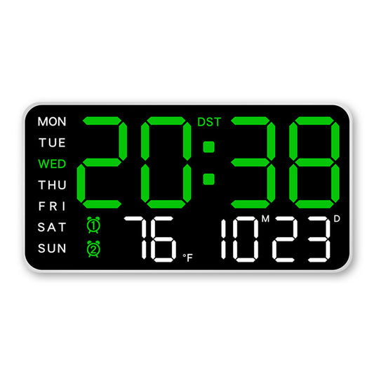 Green LED digital wall clock with temperature and weekday display on black background.