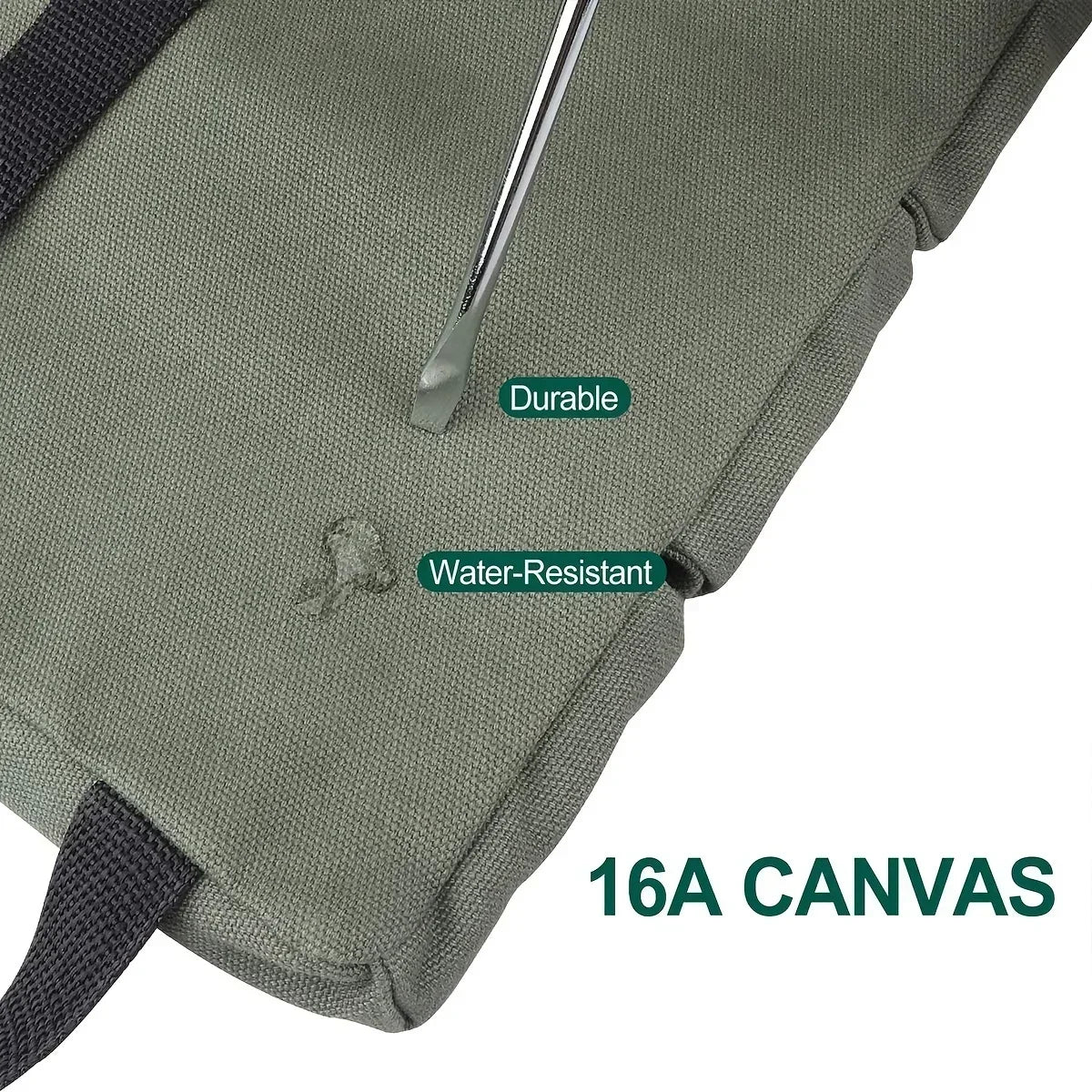Close-up of green 16A canvas tool bag fabric showing water-resistant and durable properties with a screwdriver pressing against the surface.