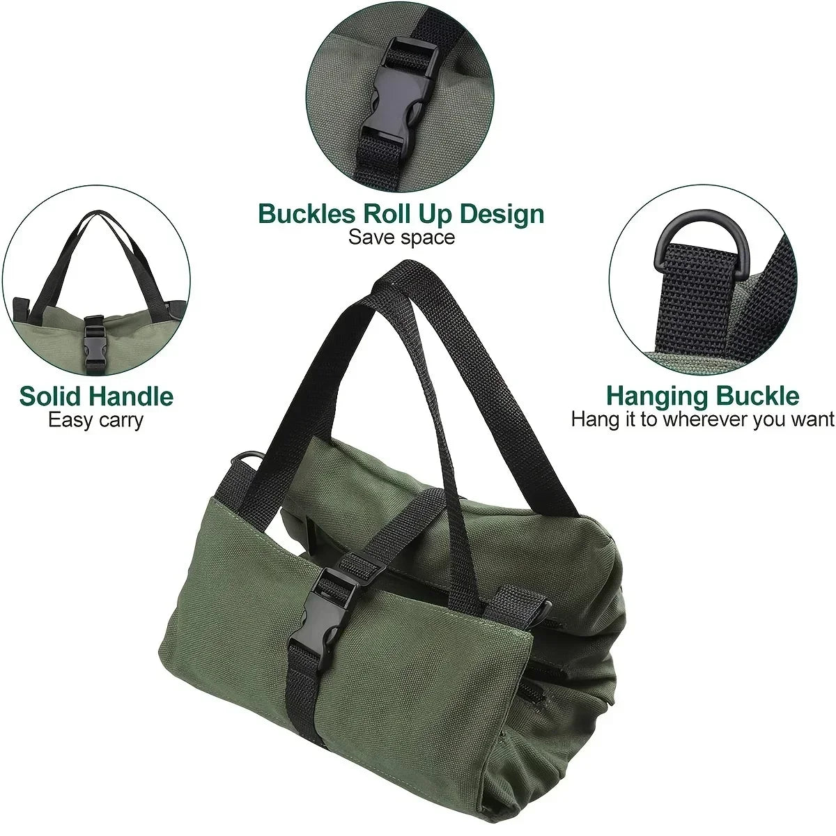 Green canvas tool bag in rolled-up form with solid carry handles, buckle closure for compact storage, and a hanging buckle feature, highlighted with labeled close-up callouts.