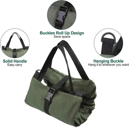 Green canvas tool bag in rolled-up form with solid carry handles, buckle closure for compact storage, and a hanging buckle feature, highlighted with labeled close-up callouts.
