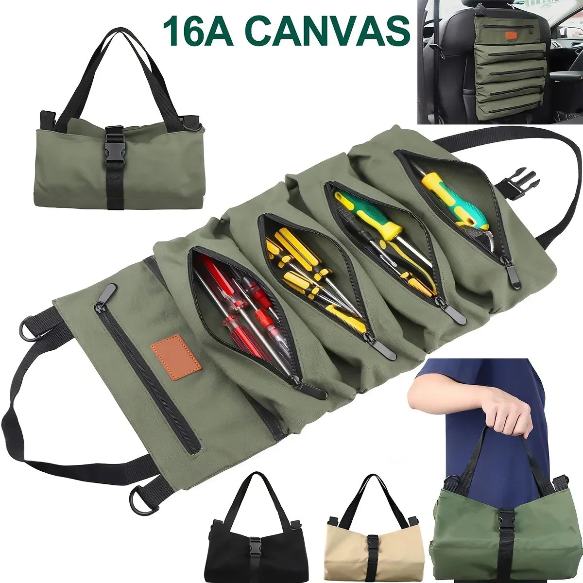 Green canvas tool bag unrolled to display various tools in multiple zippered compartments, shown in different usage settings including car seat mounting and hand-carry, with additional color options including black and beige at the bottom.