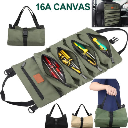 Green canvas tool bag unrolled to display various tools in multiple zippered compartments, shown in different usage settings including car seat mounting and hand-carry, with additional color options including black and beige at the bottom.