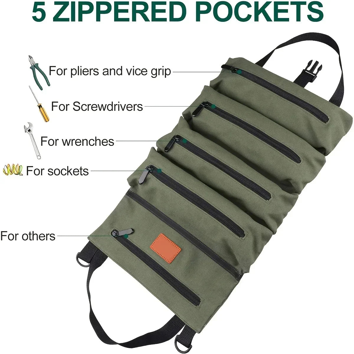 Green canvas tool roll bag with five labeled zippered compartments for storing pliers, screwdrivers, wrenches, sockets, and other tools.