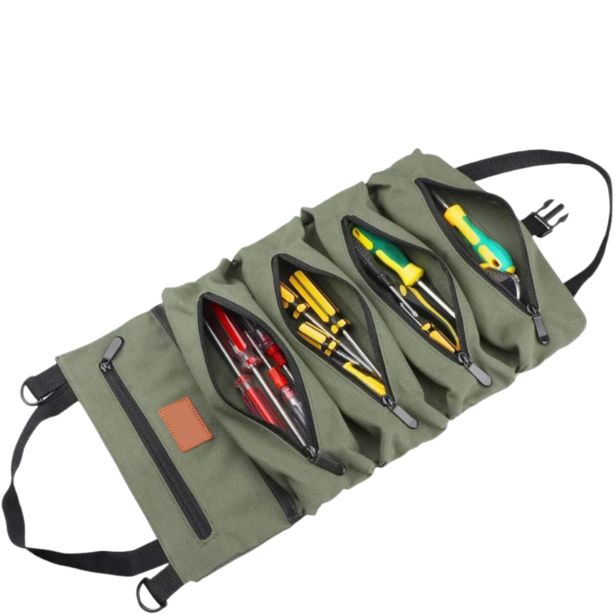 Green canvas tool roll bag fully unrolled with tools organized in five zippered pockets against a white background.