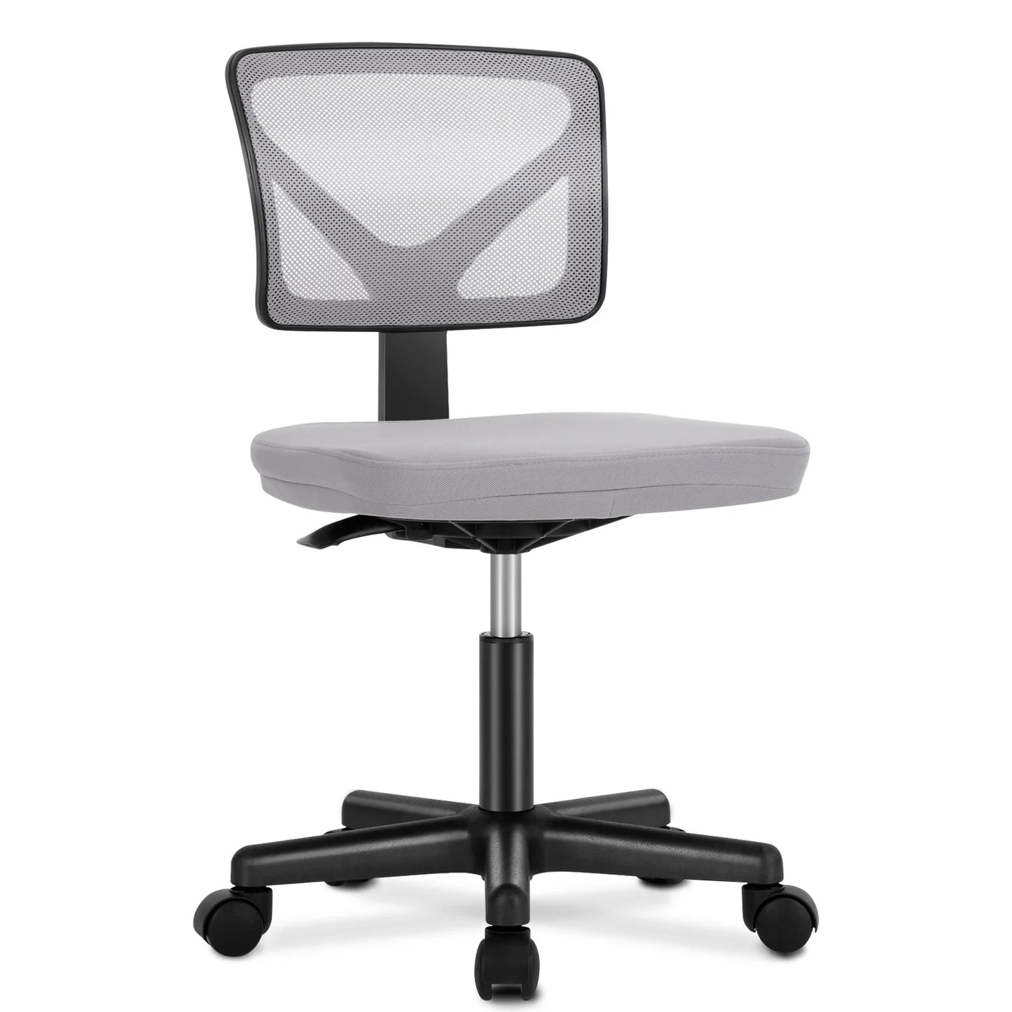 Grey mesh office chair with black base on white background