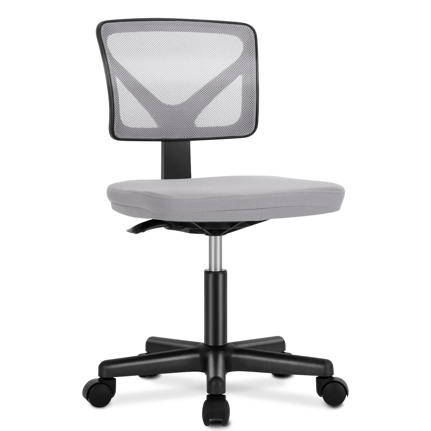 Grey mesh office chair with black base on white background