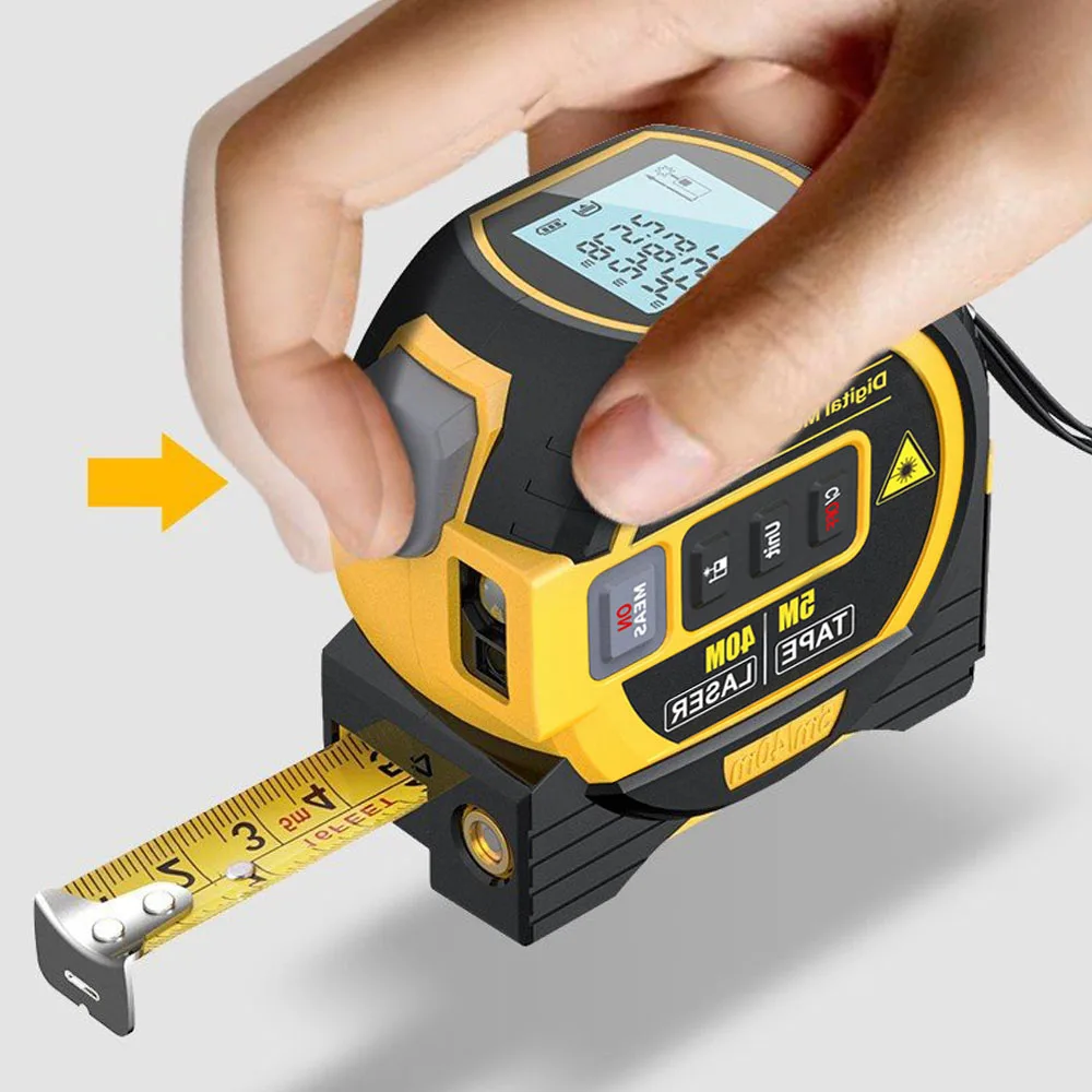 Hand pressing button on yellow digital tape measure with LCD screen