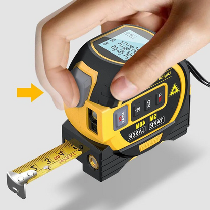 Hand pressing button on yellow digital tape measure with LCD screen