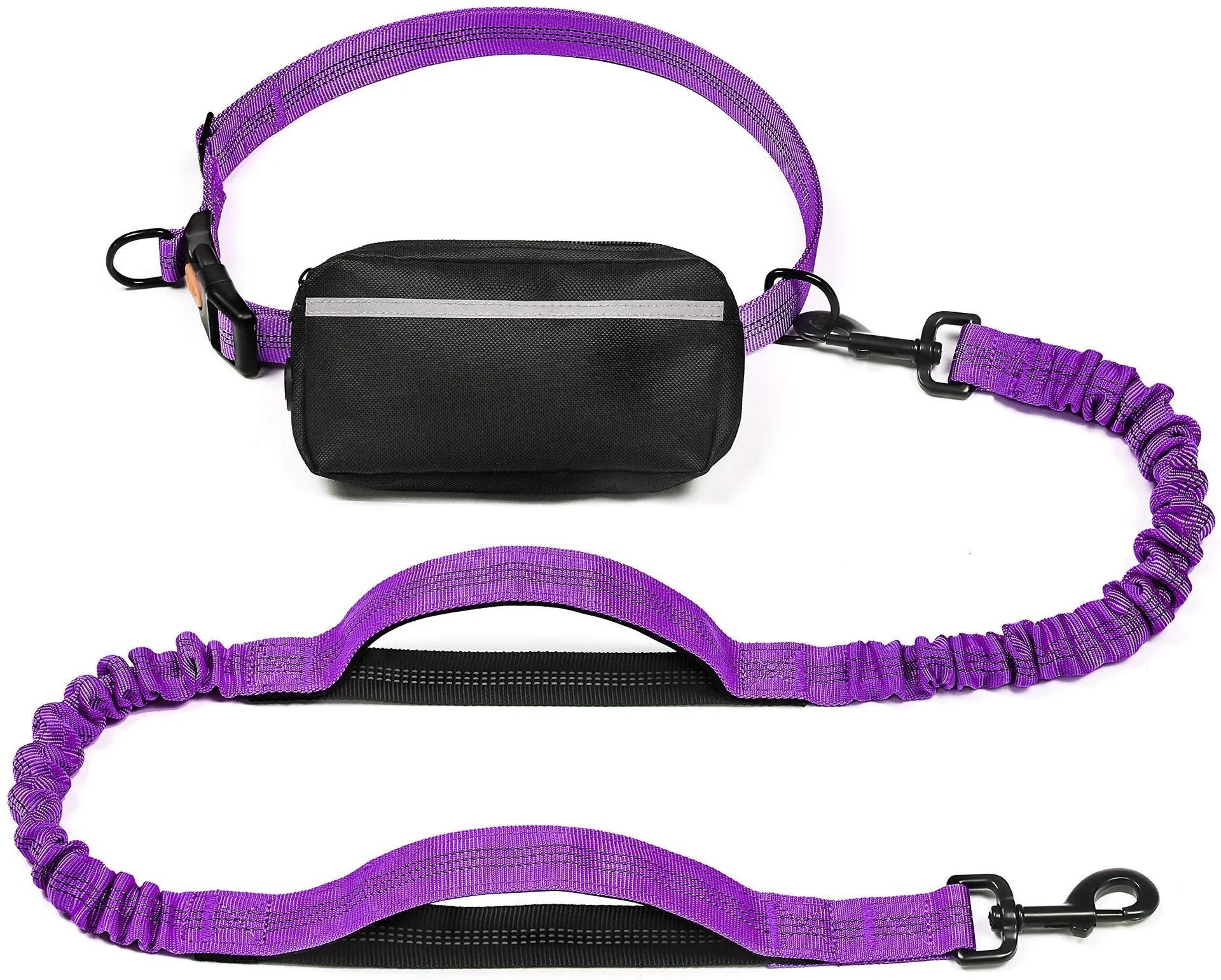 Purple reflective hands-free dog leash with storage pouch and padded handles