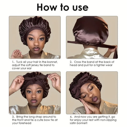 How to use the satin bonnet step-by-step guide with model wearing a brown bonnet