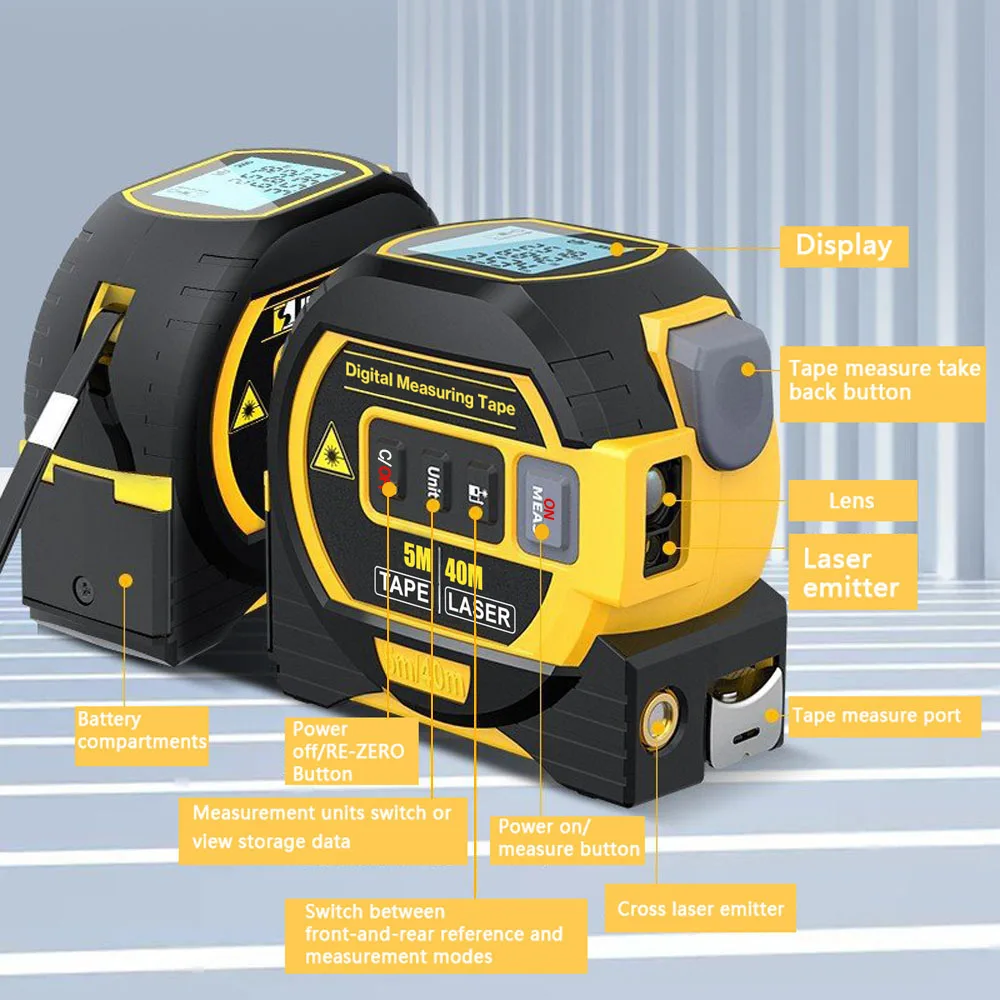 Two yellow digital measuring tapes side by side showing labeled features