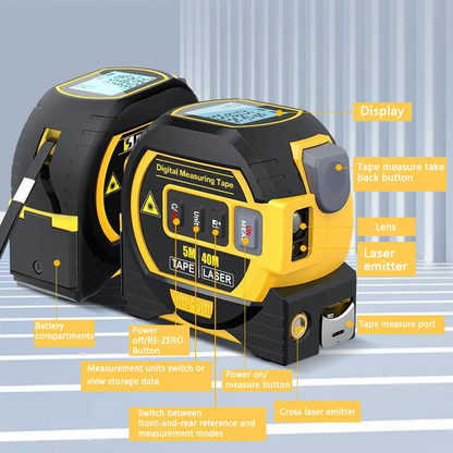 Two yellow digital measuring tapes side by side showing labeled features